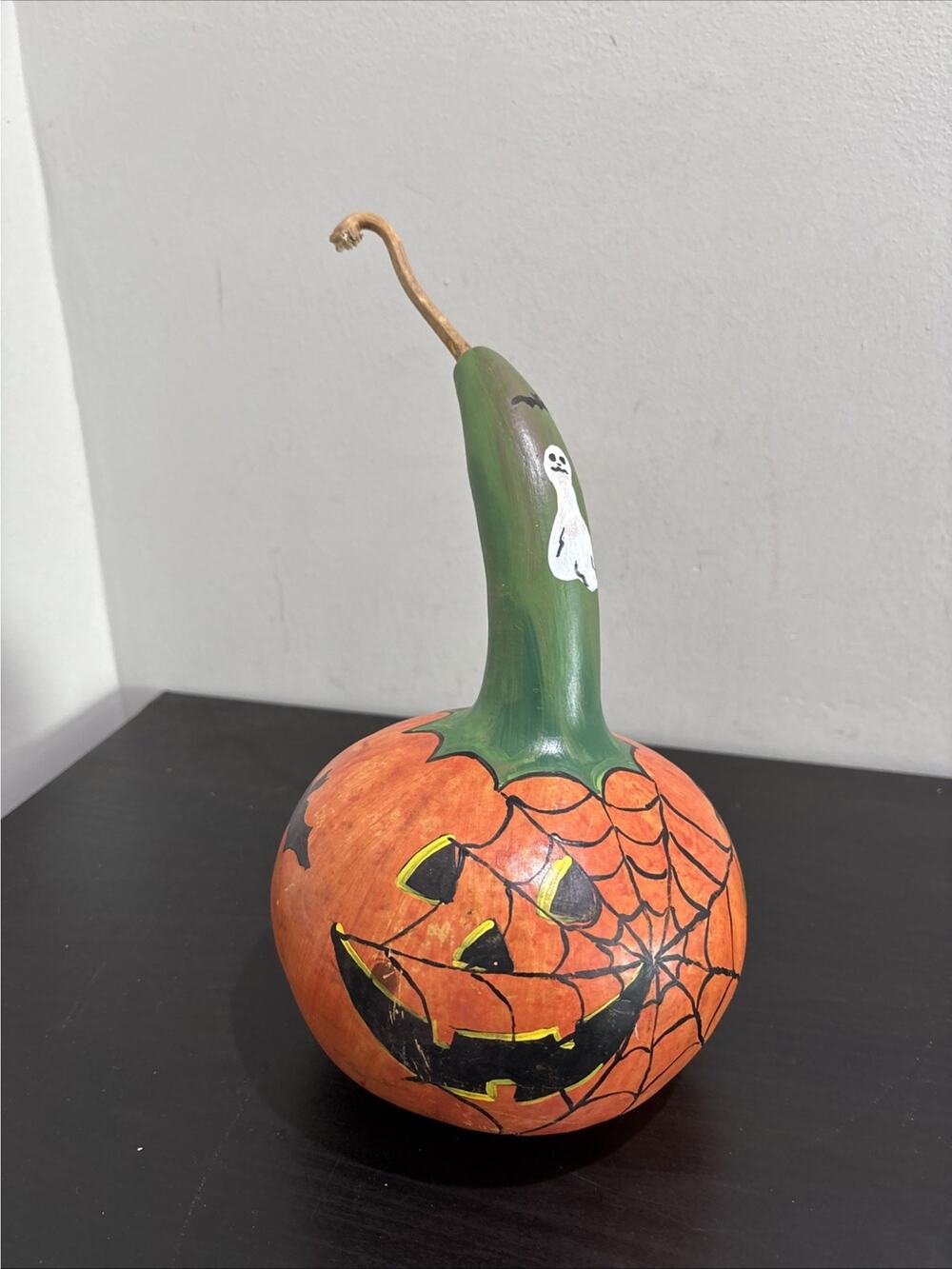 Hand Painted Halloween Pumpkin Spider Web Gourd Folk Art Orange Green